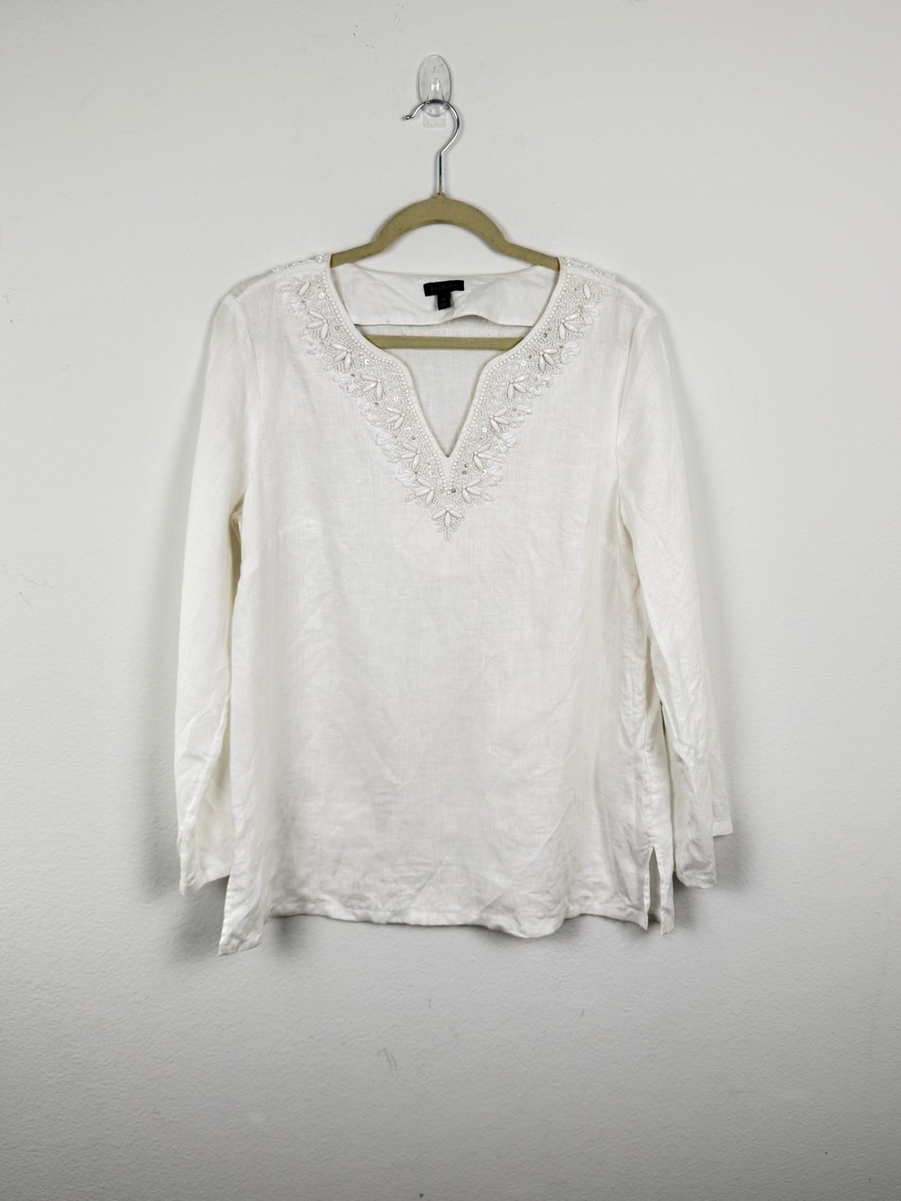 Talbots White 100% Linen Beaded Embellished Tunic Top Medium